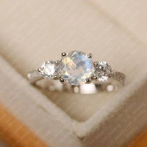 Blue moonstone ring, sterling silver, engagement ring for women, round cut, June birthstone ring