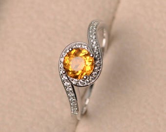 Fede nuziale, anello con citrino naturale, anello in argento sterling, anello con pietra preziosa gialla, anello con taglio rotondo, pietra portafortuna di novembre