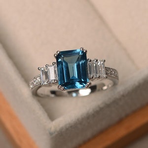 London blue topaz ring, emerald cut,rectangle shape, 925 sterling silver, promise ring,November birthstone