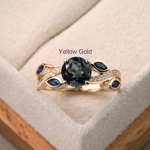 Rund geschliffener mystischer Topasring, Verlobungsring, Zweigring, 585er Gelbgold, Saphirblattring