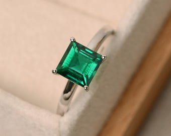 Emerald ring, sterling silver, green emerald ring, solitaire ring, green ring