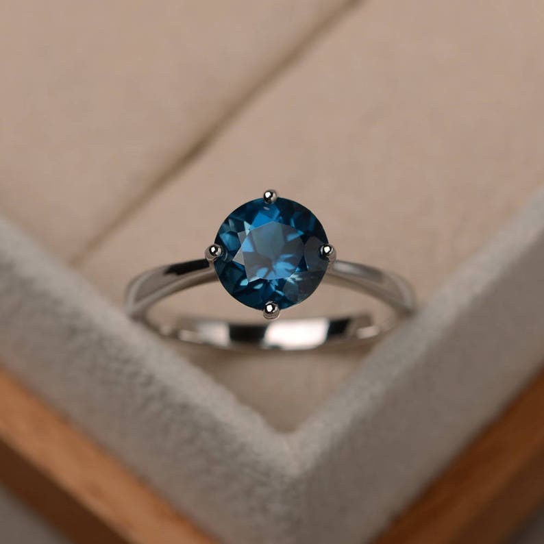 London blue topaz ring, solitaire ring, sterling silver, round cut image 1