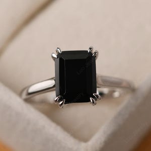 Black spinel statement ring, emerald cut black stone, silver minimalist engagement ring