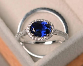 Blue sapphire ring, promise ring, September birthstone, oval cut gemstone, blue gemstone, sterling silver ring