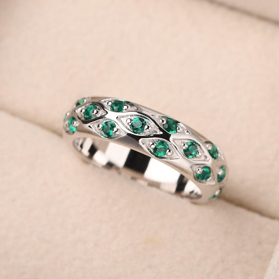 Engagement ring for men,sterling silver emerald ring,pave chunky ring,May birthstone