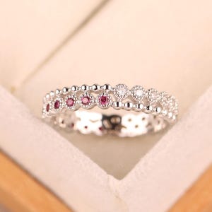 Dainty stacking ring, eternity beaded band ring,sterling silver,ruby and cz wedding band ring