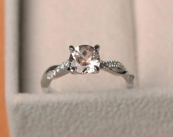 Natural pink morganite rings, anniversary rings, round cut rings, sterling silver rings, unique rings