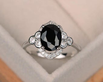 Oval black spinel ring, black rings, black gemstone ring, engagement ring, sterling silver
