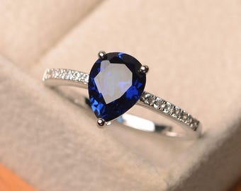 Lab Saphir Ring, Tropfen blaue Edelstein Ring, Sterling Silber Ring, September Geburtsstein, Verlobungsring