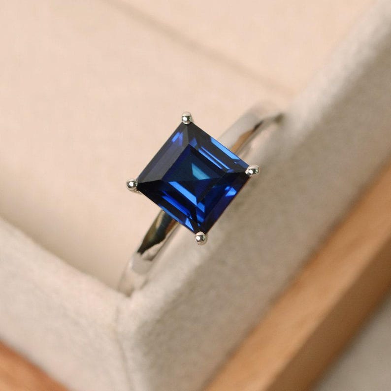 Sapphire ring, square ring, blue sapphire ring, solitaire ring, sterling silver image 3