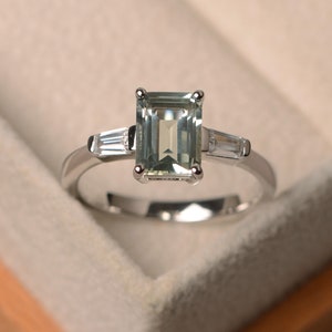 Green amethyst rings, sterling silver, emerald cut, baguette, engagement ring,light green stone