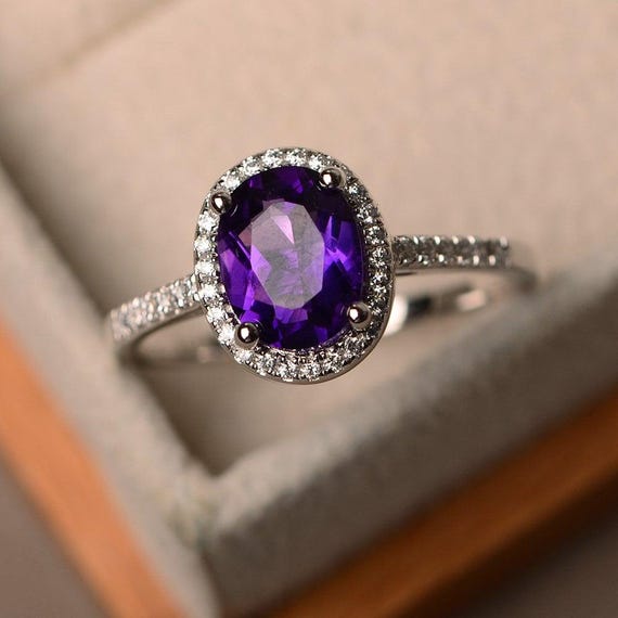 Natural amethyst silver rings, halo rings, round cut rings, solid silver rings, February birthstone, vintage rings
