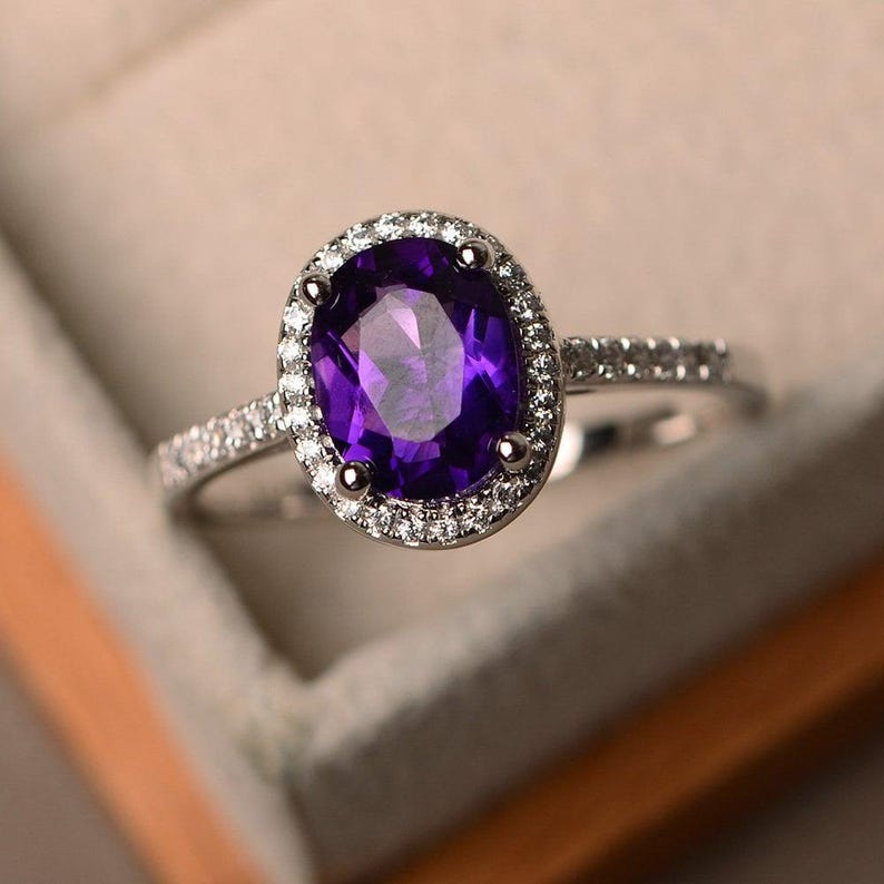 Natural amethyst silver rings, halo rings, round cut rings, solid silver rings, February birthstone, vintage rings image 1