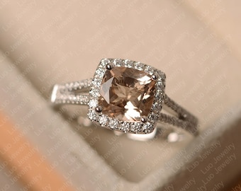 Morganite ring, sterling silver anniversary ring for women, cushion cut pink stone ring