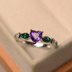 Natural purple amethyst ring, heart cut gemstone, February birthstone, silver ring, amethyst emerald ring