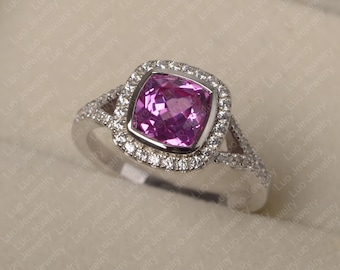 Pink sapphire ring, September birthstone, cushion cut, pink stone ring, sapphire gold ring,halo anniversary ring