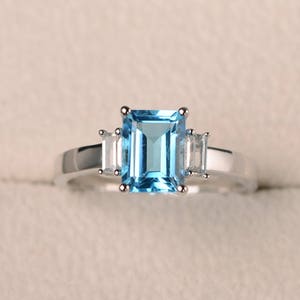 Swiss blue topaz ring, wedding ring, emerald cut blue gemstone, sterling silver ring