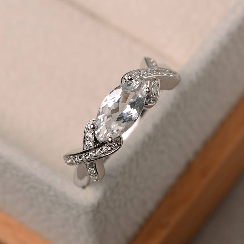 marquise cut gemstone Engagement ring November birthstone sterling silver ring natural white topaz ring