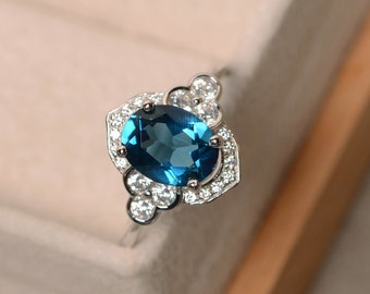 London blue topaz ring, oval cut, blue gemstone, wedding ring, sterling silver