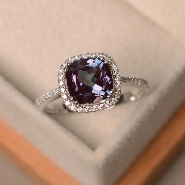 Alexandrite proposal ring, sterling silver, cushion cut, stunning halo ring