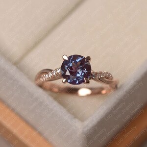 Lab alexandrite engagement ring, round cut June birthstone, rose gold ring