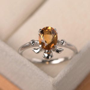 Delicate tutle ring, genuine citrine anniversary ring, oval cut yellow gemstone, 14k white gold, November birthstone