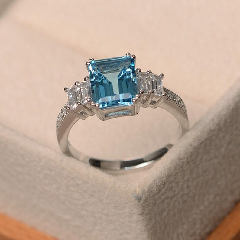 Swiss Blue Topaz Ring, Emerald Cut Stone, Sterling Silver Ring, Promise ...