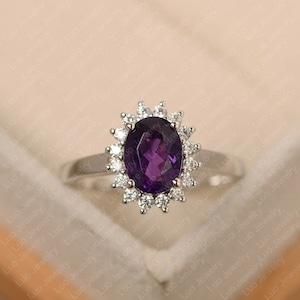 Amethyst ring, sterling silver, engagement ring, oval cut, February birthstone ring