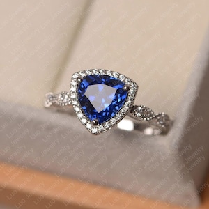 Sapphire ring, white gold engagement ring, trillion cut September birthstone ring