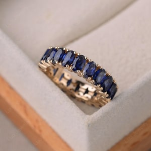 Solid 14K yellow gold, sapphire eternity ring, oval shaped,stackable ring, September Birthstone
