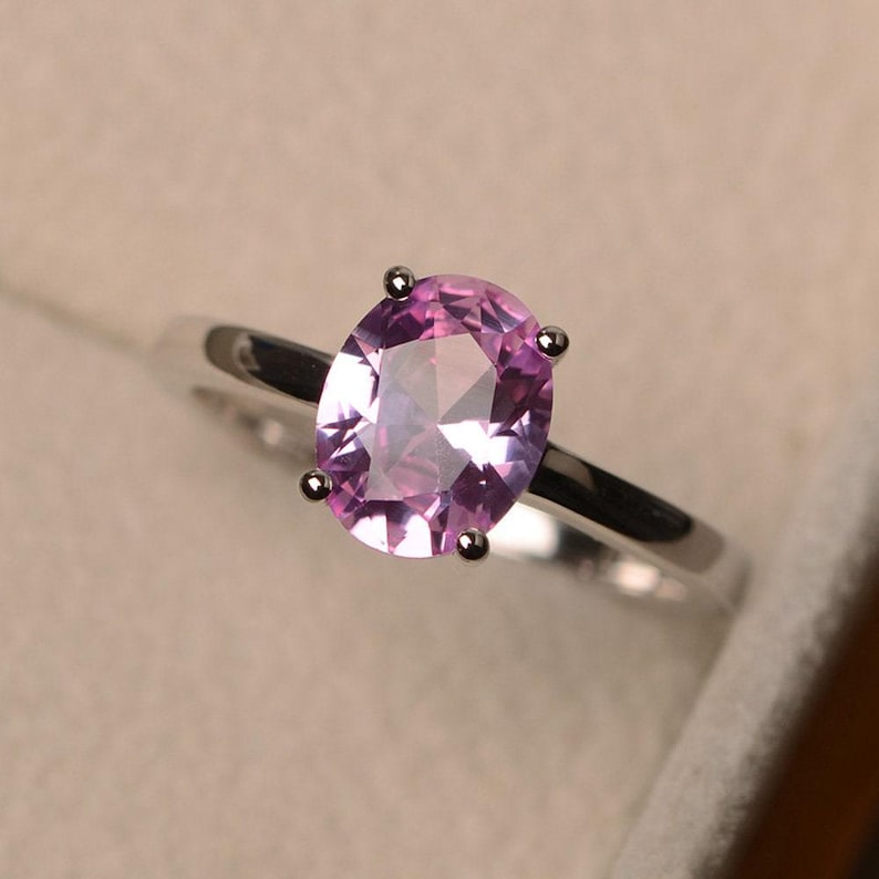 pink sapphire ring, oval cut pink gemstone ring, engagement ring, solitaire ring image 1