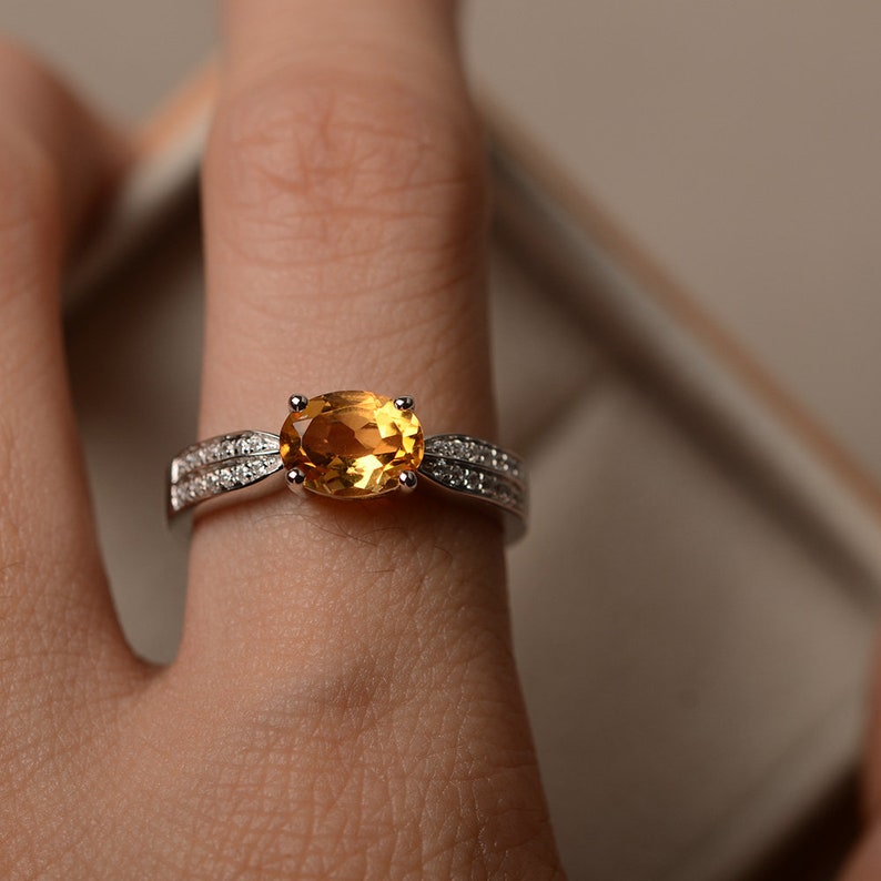 Yellow citrine ring sterling silver ring promising ring for her oval cut yellow crystal ring