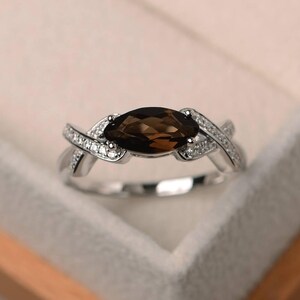 Cocktail party ring, natural smoky quartz ring, marquise cut brown gemstone, sterling silver ring