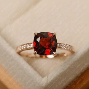 Red garnet ring, cushion cut, January birthstone, rose gold,  anniversary ring for women