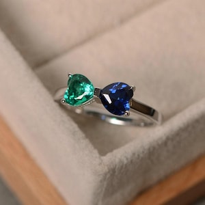 Two heart cut ring, lab emerald, lab sapphire, May birthstone, September birthstone, sterling silver, promsie