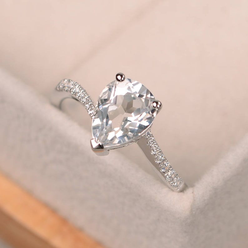 Natural white topaz ring pear shaped engagement ring silver gemstone ring