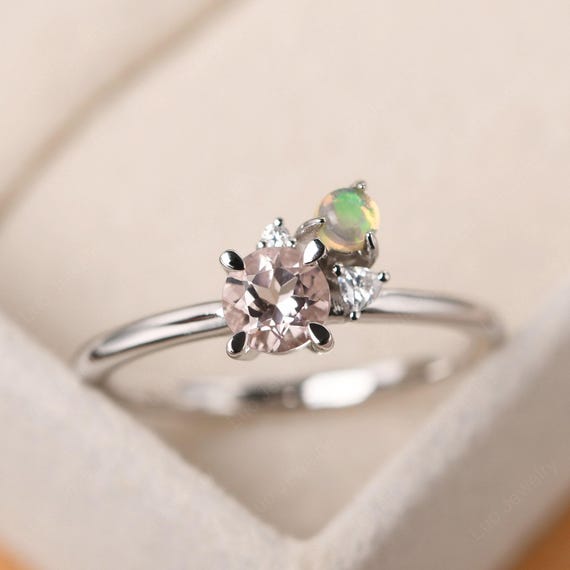 繊細なモルガナイトの結婚指輪、オパール、スターリングシルバーの