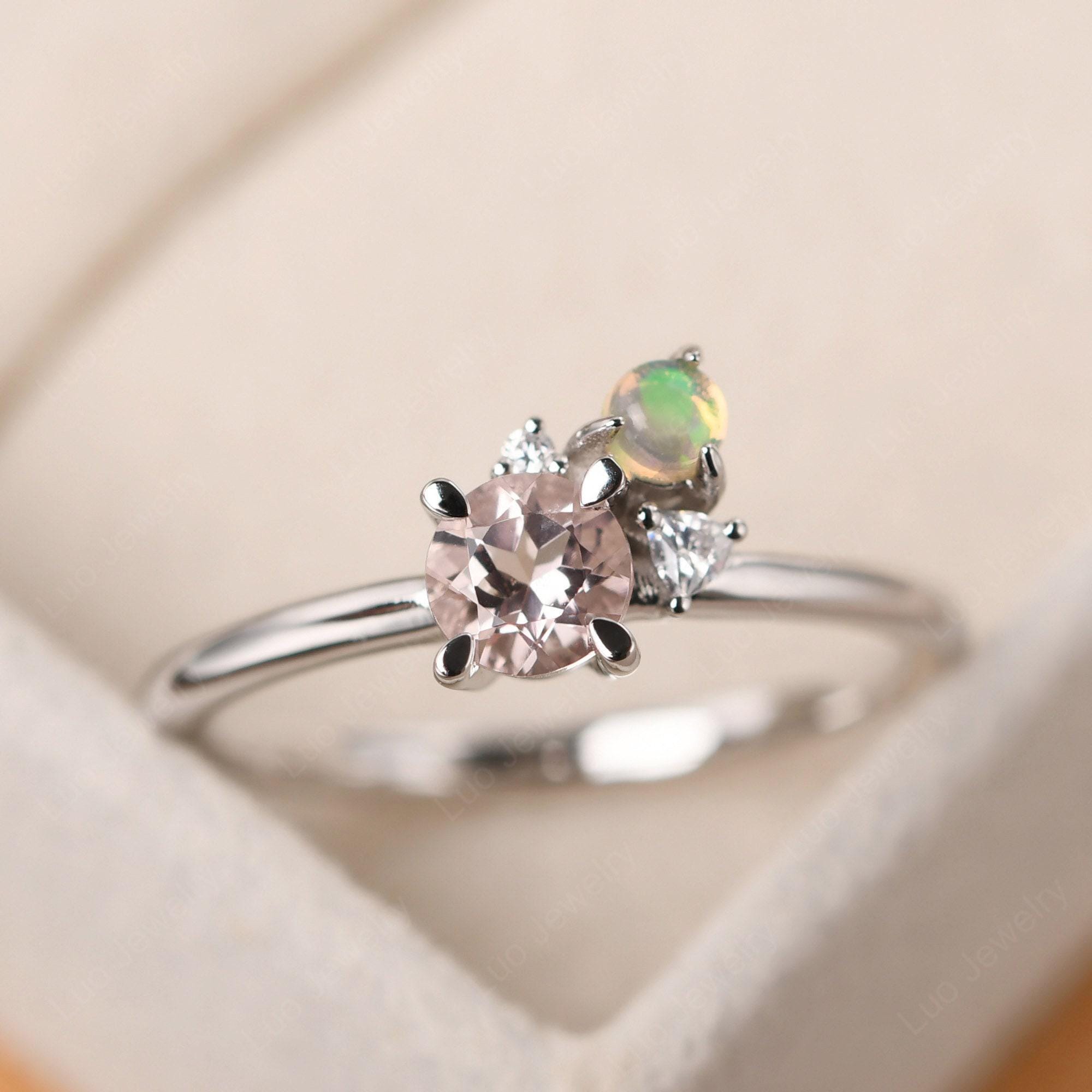 繊細なモルガナイトの結婚指輪、オパール、スターリングシルバーの