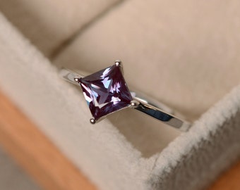 Alexandrite ring, solitaire ring, sterling silver, princess cut alexandrite