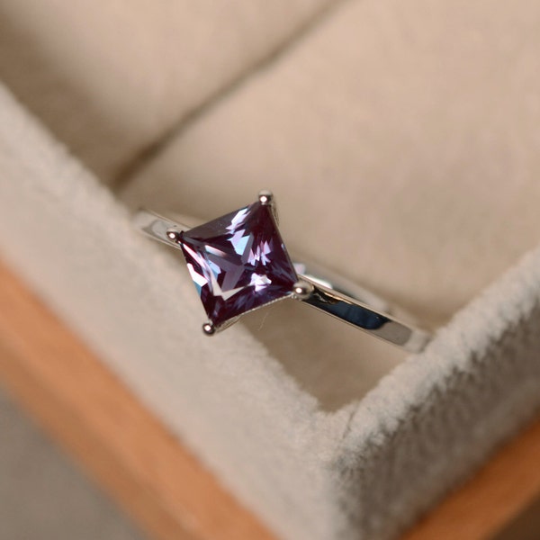 Alexandrite ring, solitaire ring, sterling silver, princess cut alexandrite