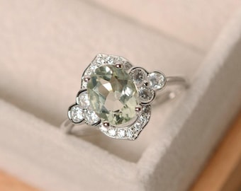 Green amethyst ring, silver, oval cut engagement ring