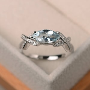 Wedding ring, natural blue aquamarine ring, March birthstone, marquise cut gemstone, sterling silver ring