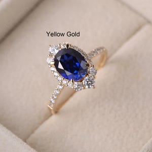 lab sapphire ring, 14K yellow gold ,oval cut halo wedding ring,September birthstone