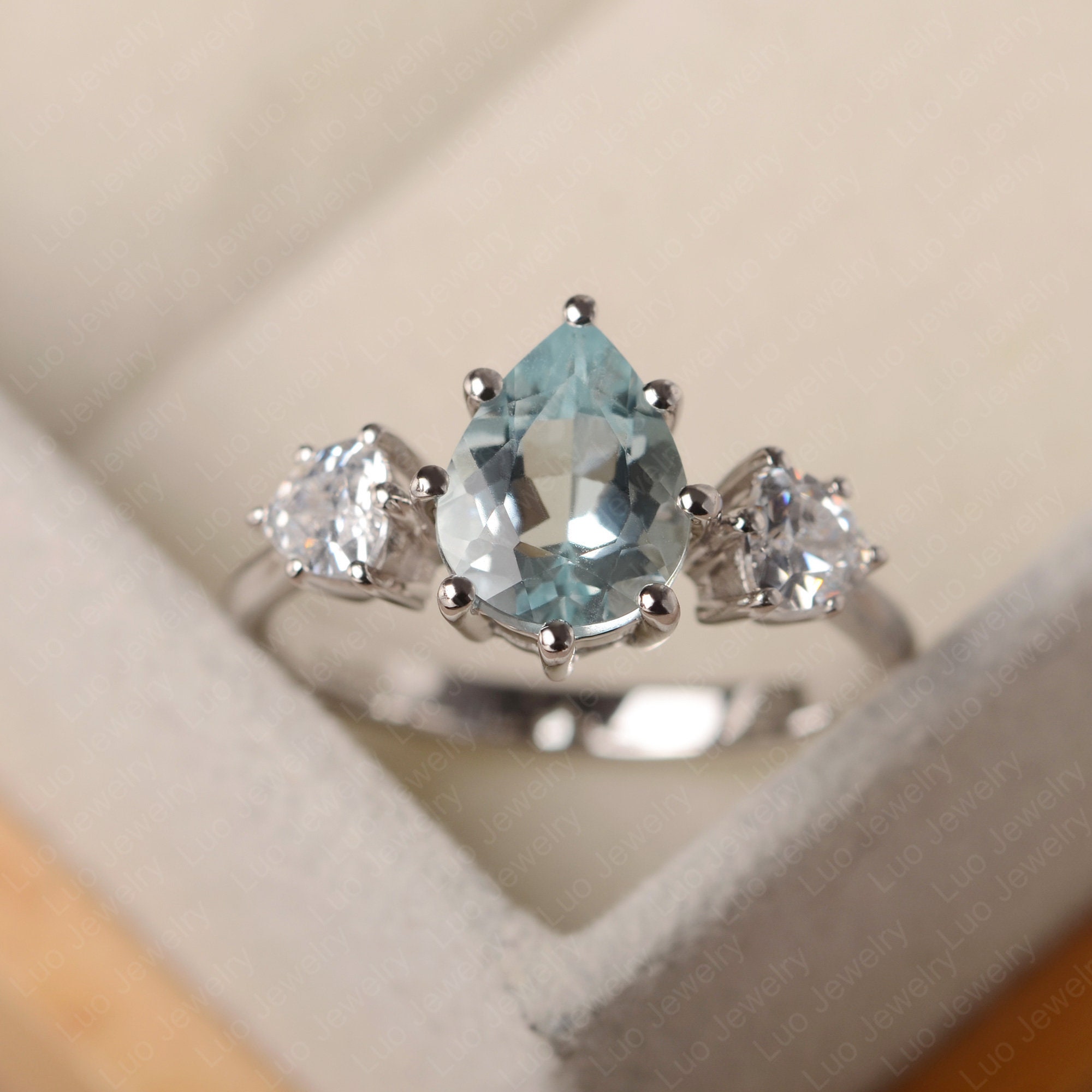 Natural aquamarine wedding ring pear cut tear drop shaped