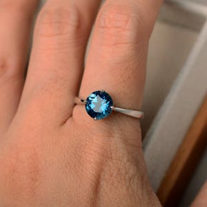 London blue topaz ring, solitaire ring, sterling silver, round cut image 4