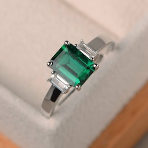 Emerald ring, wedding ring, emerald cut green gemstone, sterling silver ring,three stones ring, May birthstone