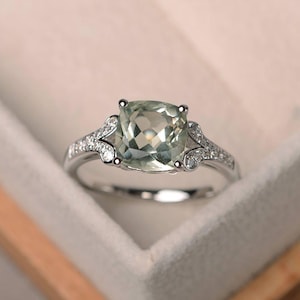 echte grüne Amethyst Ring, Kissenschliff Versprechen Verlobungsring, Sterling Silberring, grüner Edelstein Ring