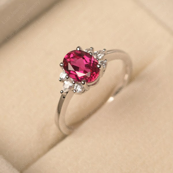 Vintage ruby promise ring, oval cut 6x8 mm, sterling silver, July birthstone ring