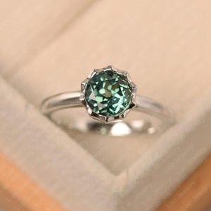 Lab green sapphire ring, sterling silver engagement ring, round cut solitaire wedding ring