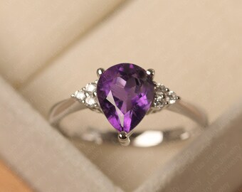 February birthstone ring, real amethyst promise ring, tear drop shaped, solid silver